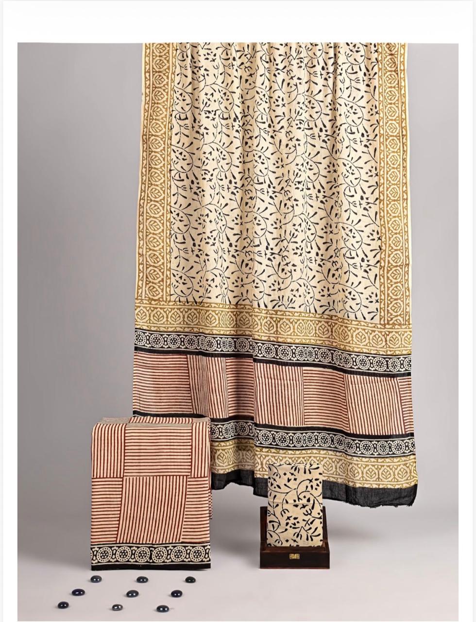 Beige & Brown Block Print Pure Cotton Unstitched Suit Set with Mulmul Dupatta