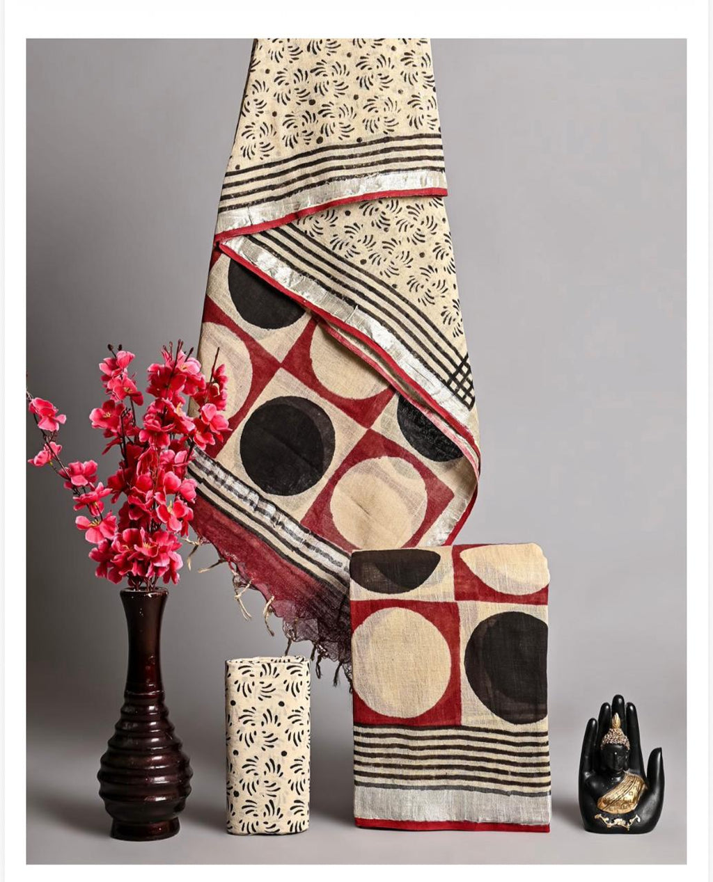 Cream, Burgundy & Black Block Print Unstitched Suit Set with Dupatta