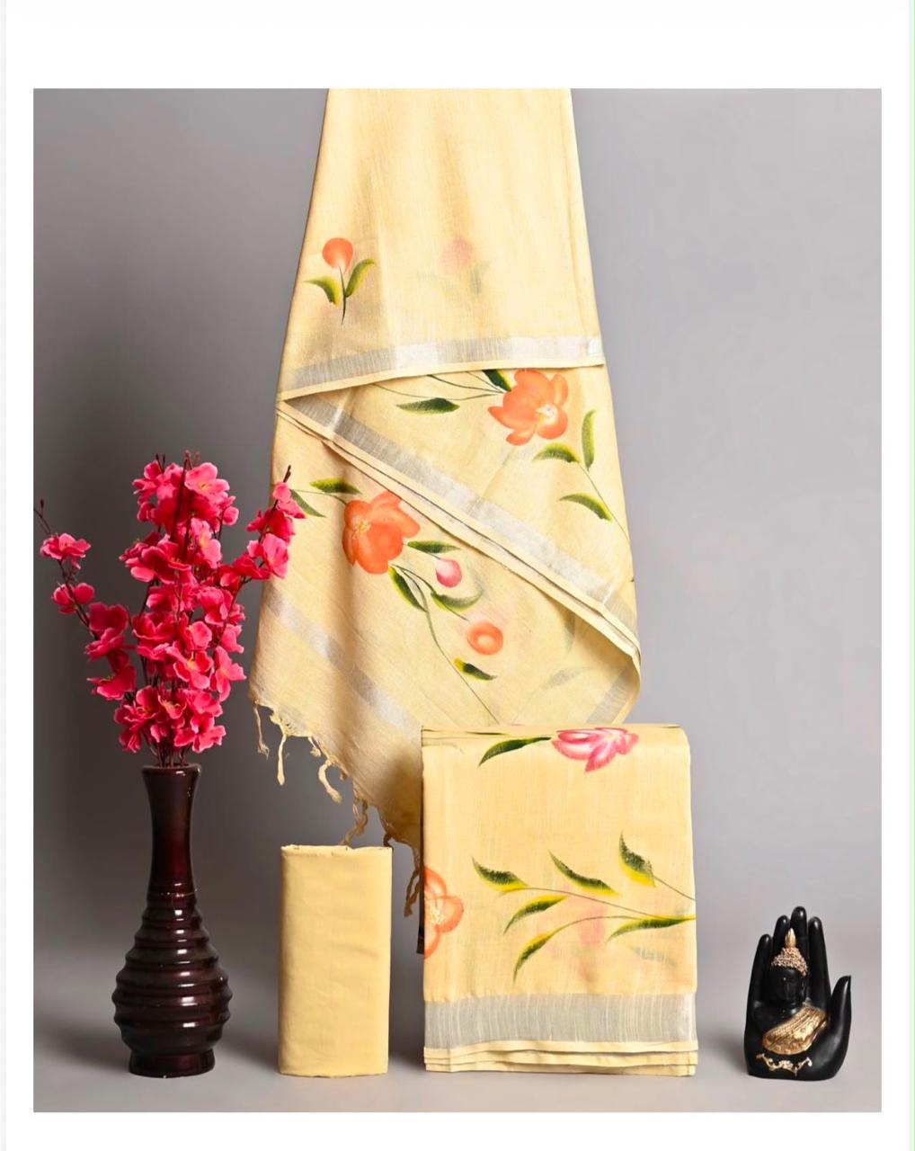 Yellow Hand Block Printed Linen Cotton Unstitched Suit Set with Floral Dupatta