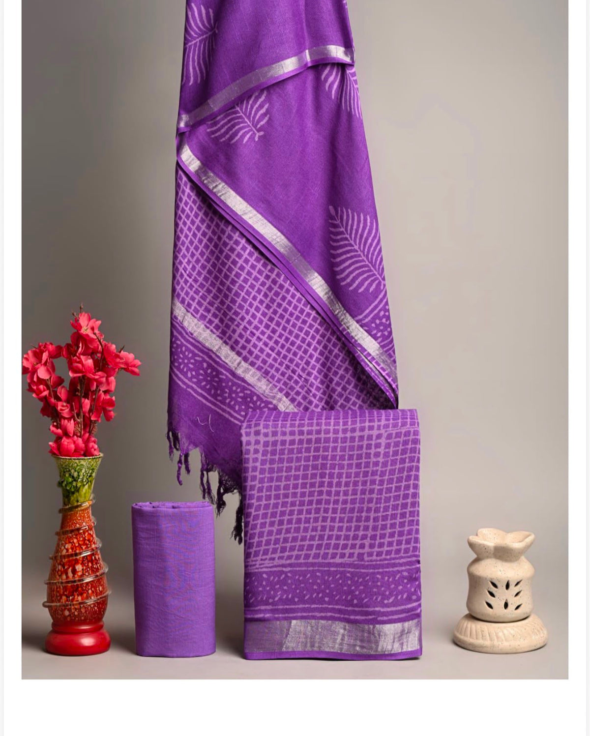 Purple Hand Block Printed Linen Cotton Unstitched Suit Set with Cotton Bottom