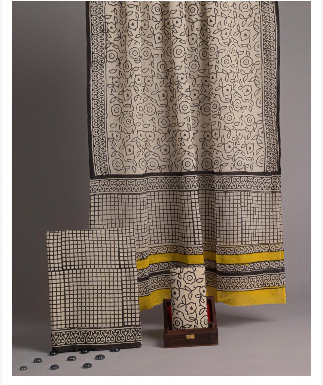 Black & White Block Print Pure Cotton Unstitched Suit Set with Mulmul Dupatta