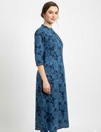 BLUE FLORAL PRINT MANDARIN COLLAR A-LINE KURTI