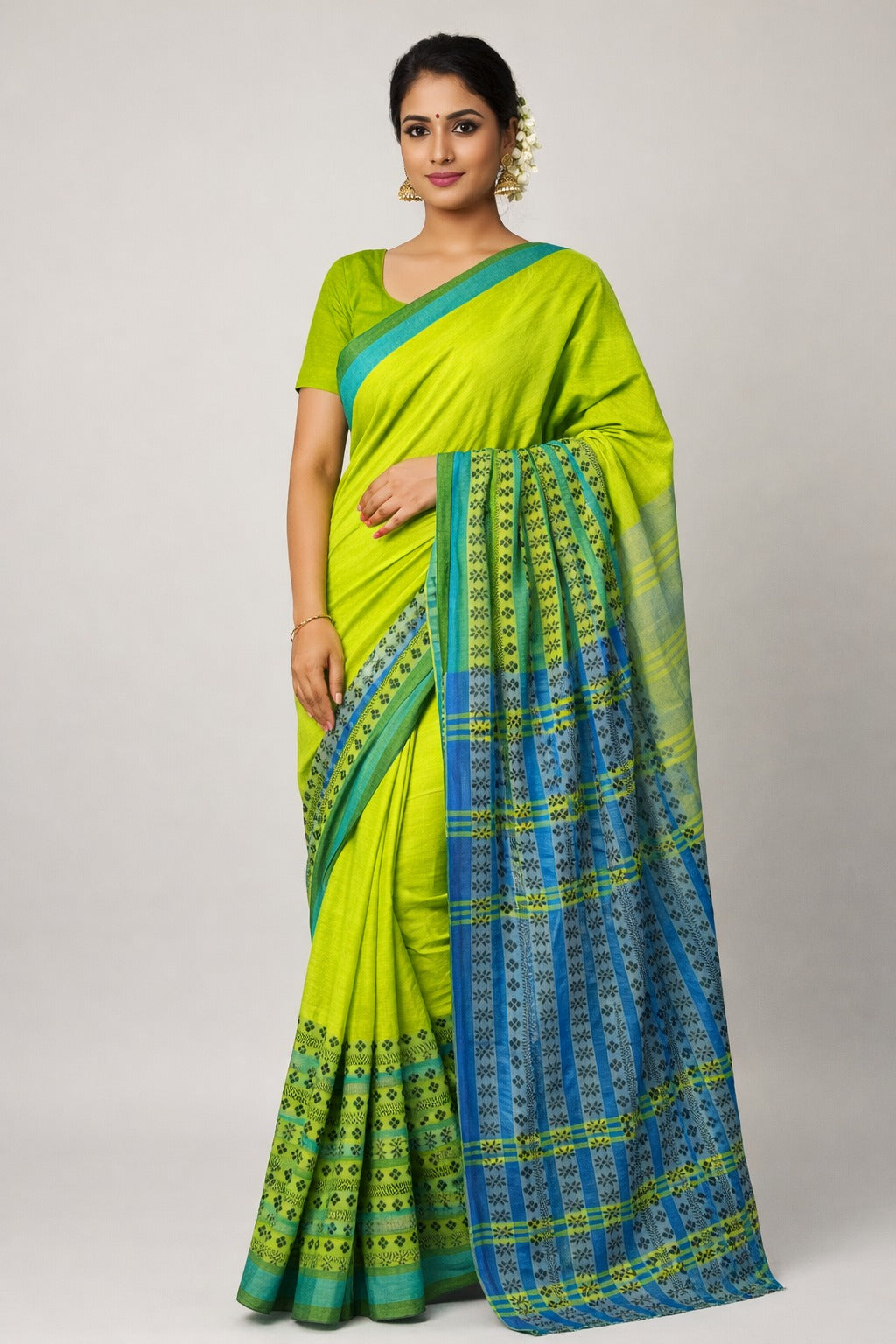 AUTHENTIC  LIME GREEN & BLUE BEGAMPUDI SAREE