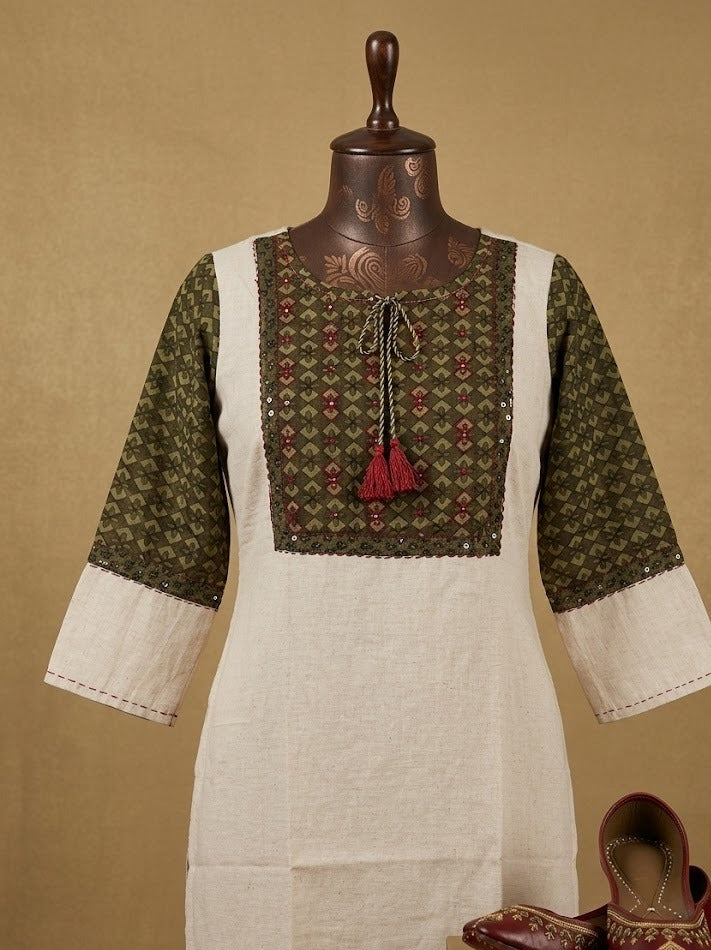 KHADI KURTA TOP WITH PRINTED YOKE