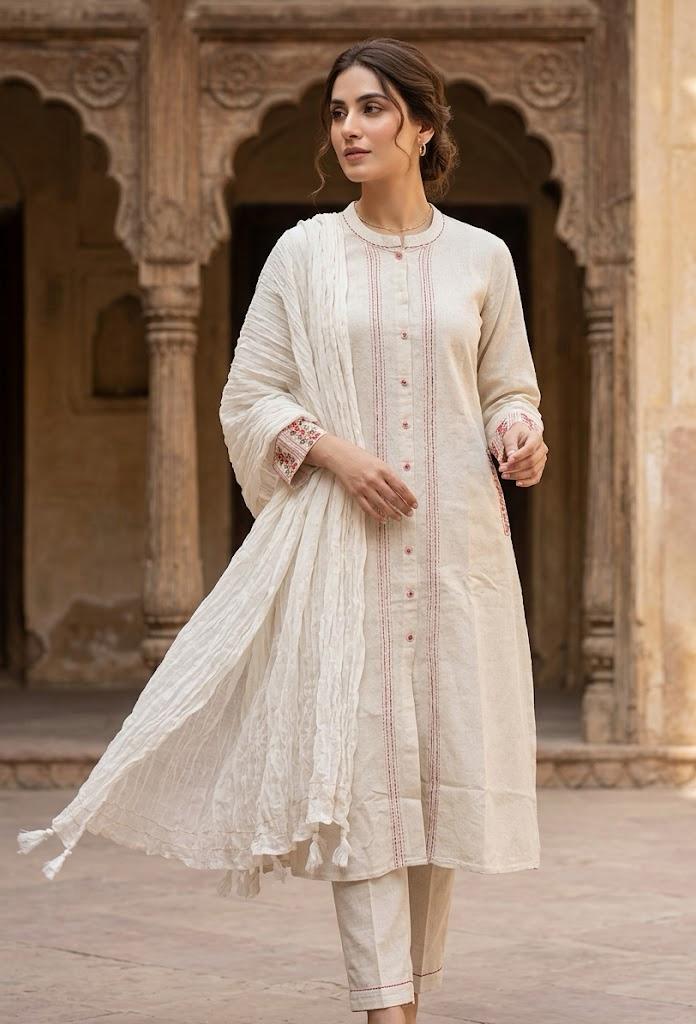Elegant Off-White Cotton Kurta with Floral Embroidery