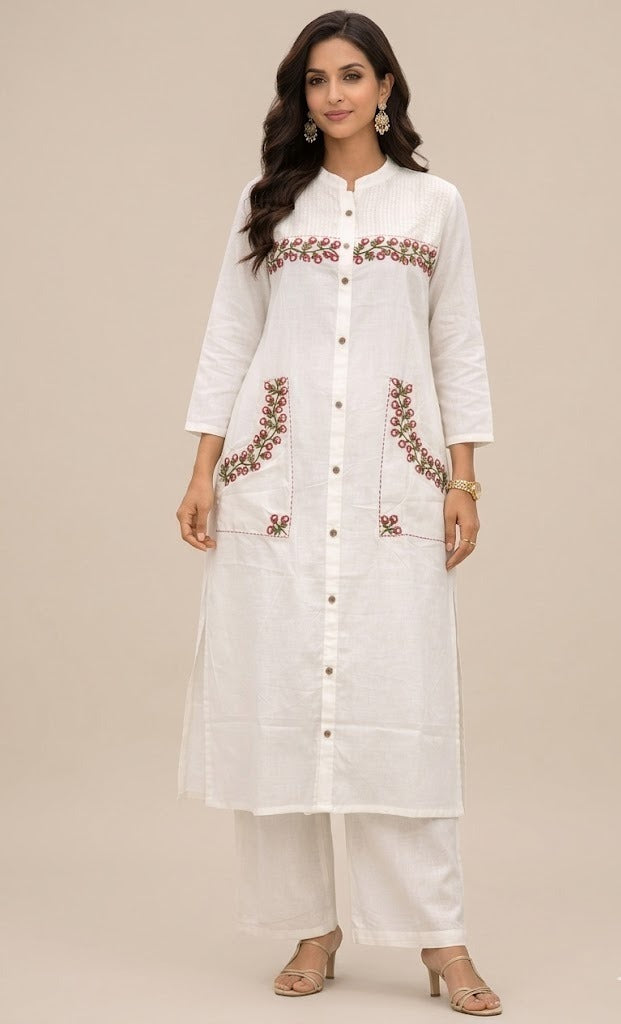 WHITE EMBROIDERED COTTON CO-ORD SET