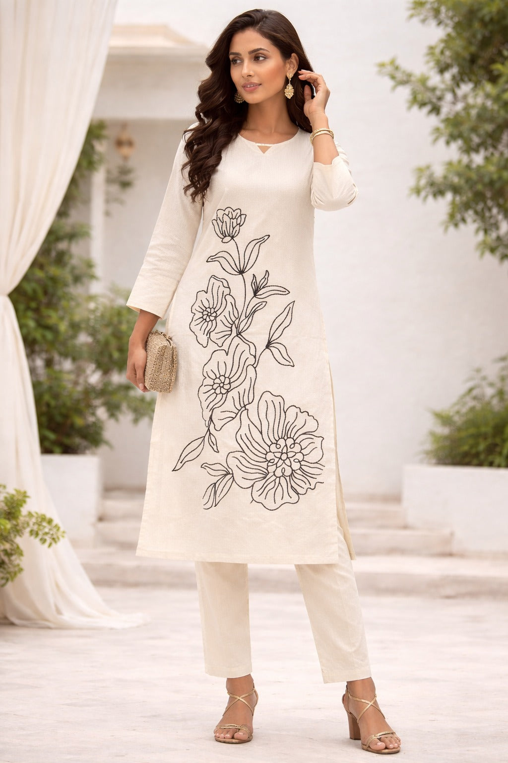 KHADI COTTON FLORAL EMBRIODARY CORD SET