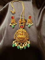Temple Jewelry Gold Necklace Set with Lakshmi Pendant, Red Stones & Green Beads
