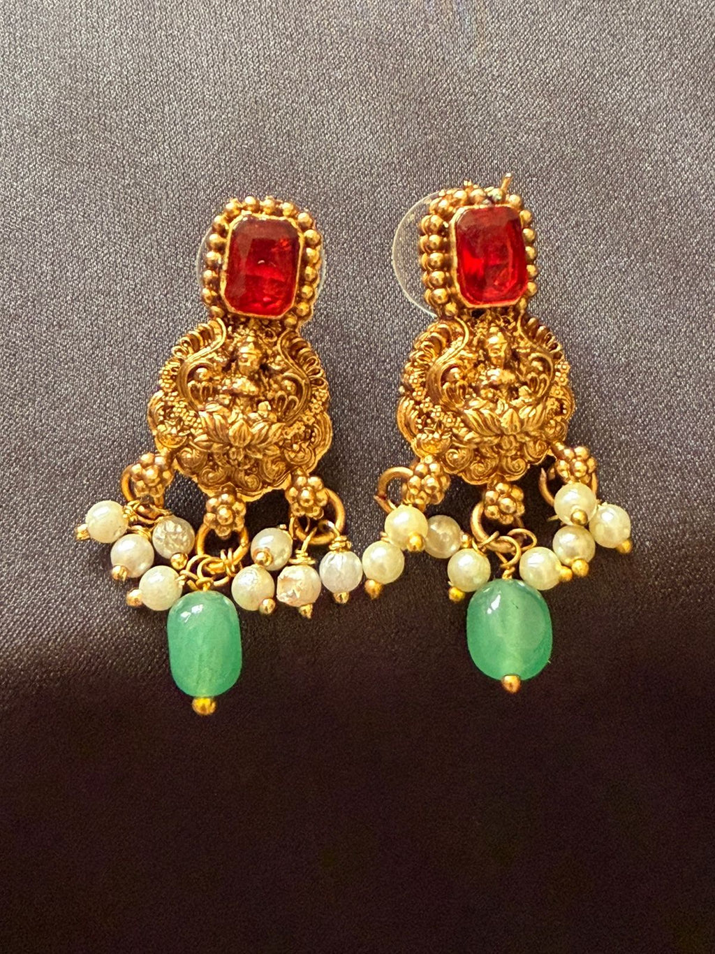 Temple Jewelry Gold Necklace Set with Lakshmi Pendant, Red Stones & Green Beads