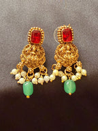 Temple Jewelry Gold Necklace Set with Lakshmi Pendant, Red Stones & Green Beads