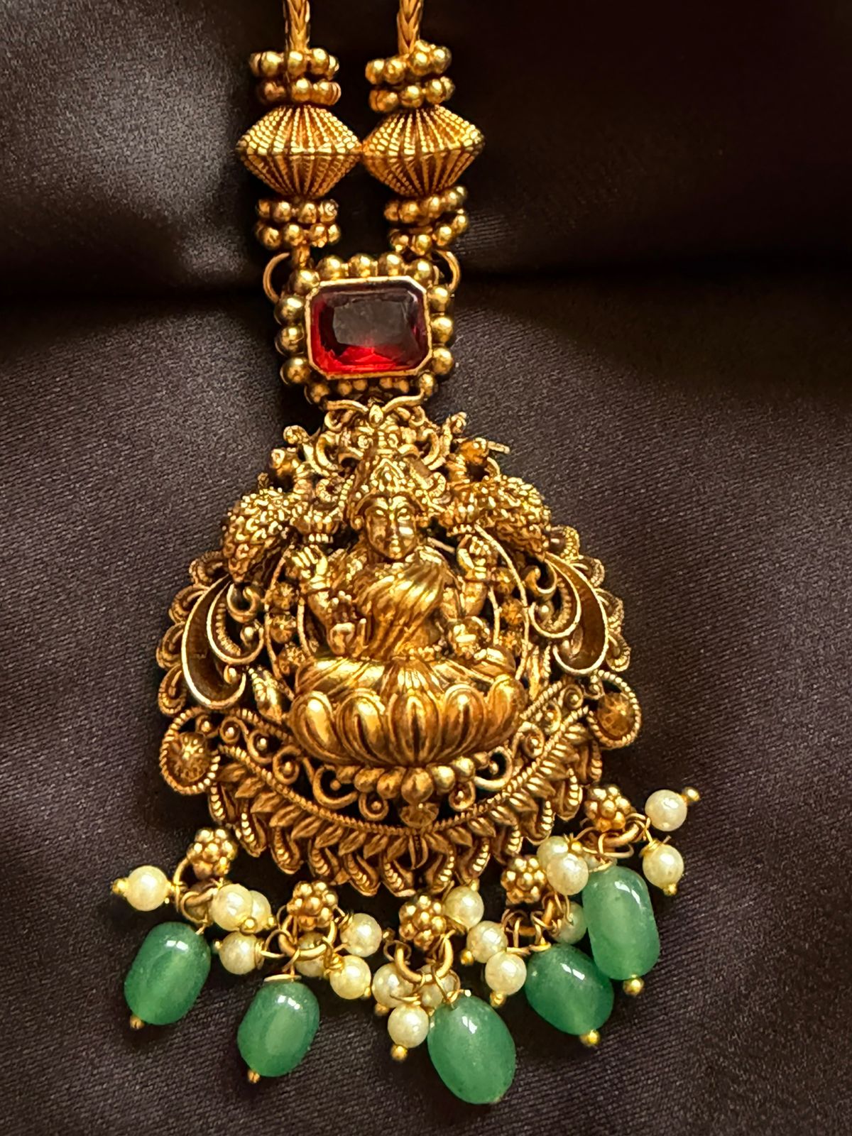 Temple Jewelry Gold Necklace Set with Lakshmi Pendant, Red Stones & Green Beads