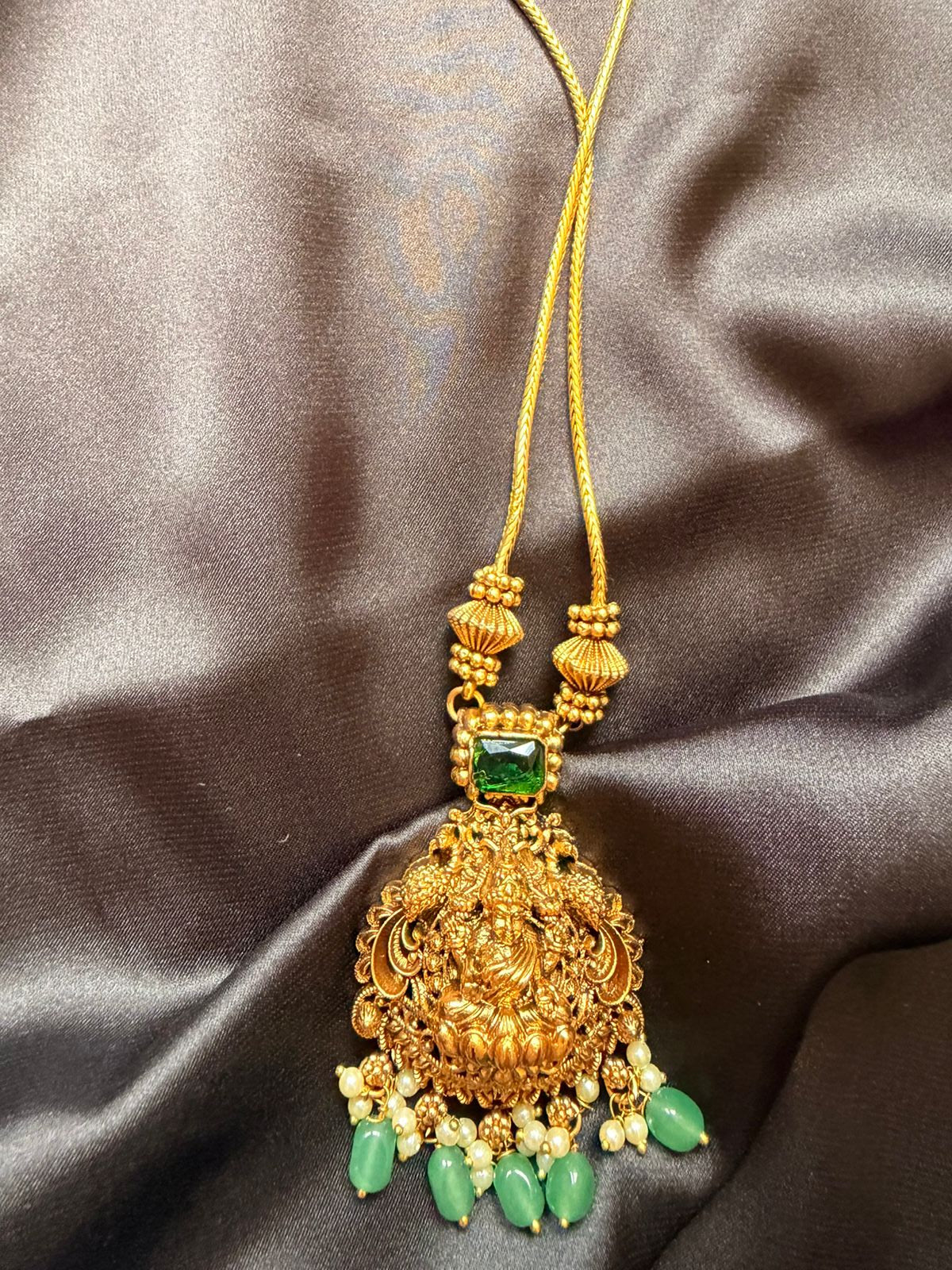 Antique Gold Lakshmi Temple Necklace with Green Stone & Bead Drops