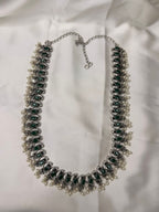 Emerald Green Stone Oxidized Silver Necklace Set with Pearl Drops