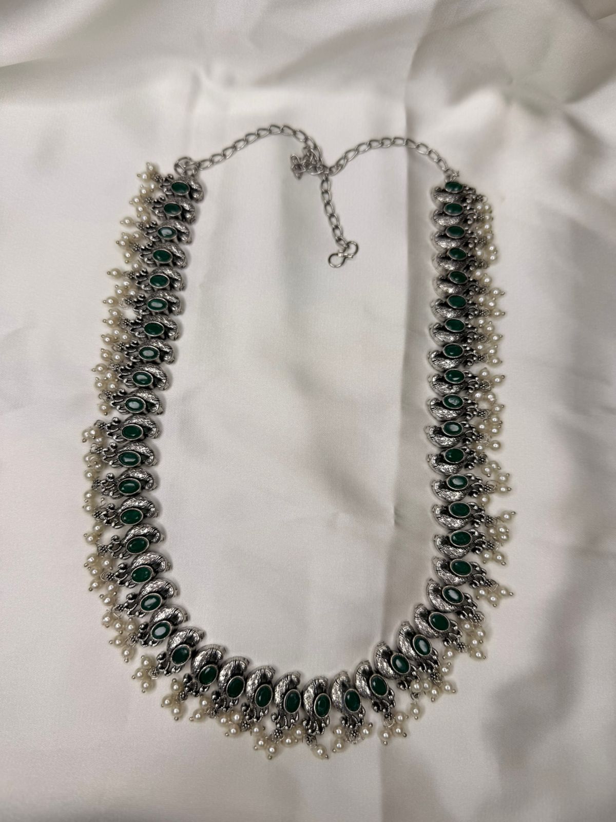 Emerald Green Stone Oxidized Silver Necklace Set with Pearl Drops