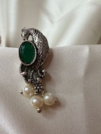 Emerald Green Stone Oxidized Silver Necklace Set with Pearl Drops