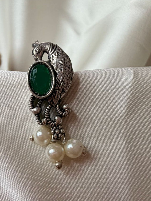 Emerald Green Stone Oxidized Silver Necklace Set with Pearl Drops