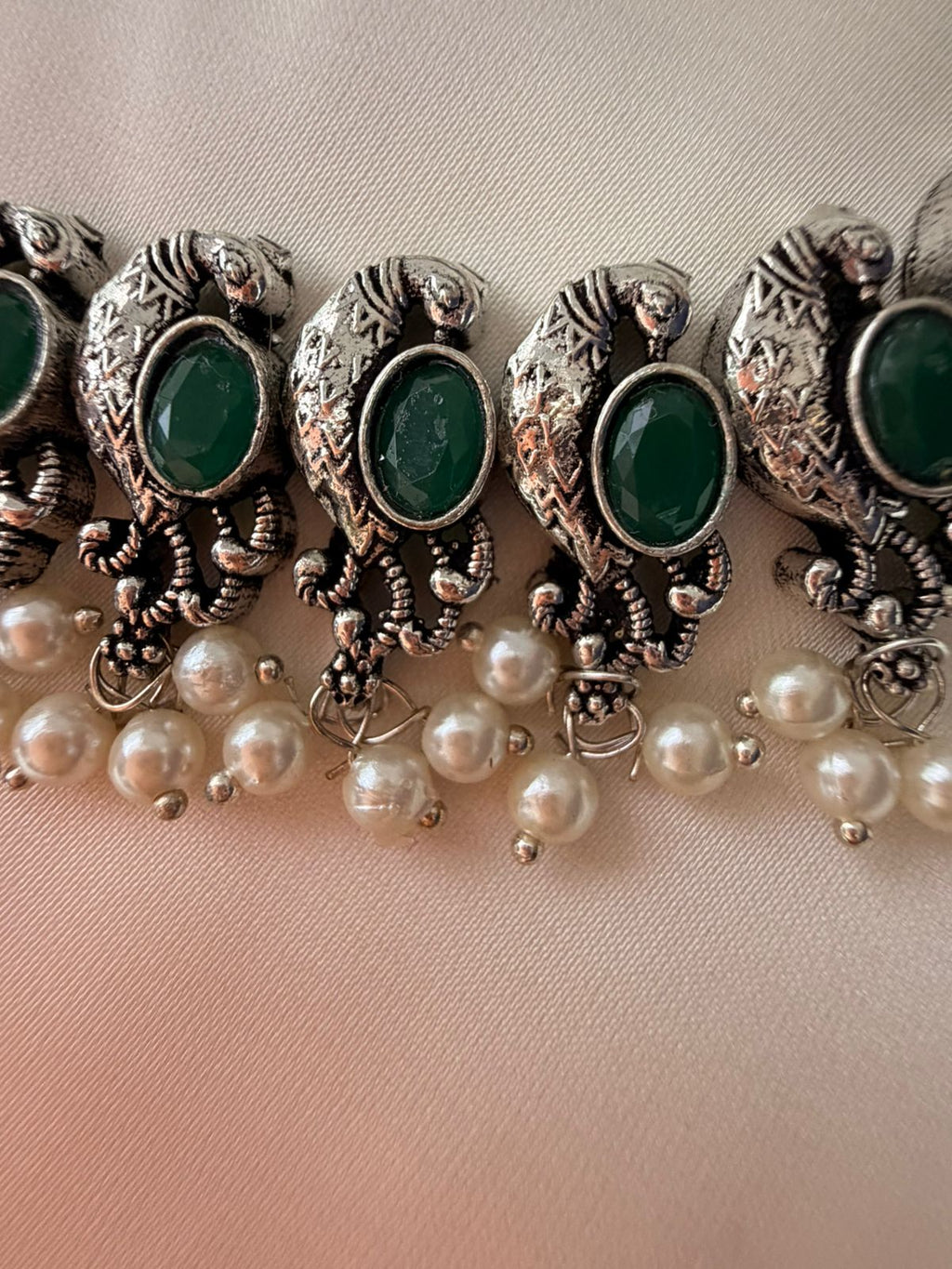 Emerald Green Stone Oxidized Silver Necklace Set with Pearl Drops