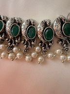 Emerald Green Stone Oxidized Silver Necklace Set with Pearl Drops