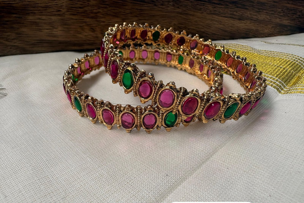 Gold-Tone Bangles with Pink and Green Stones