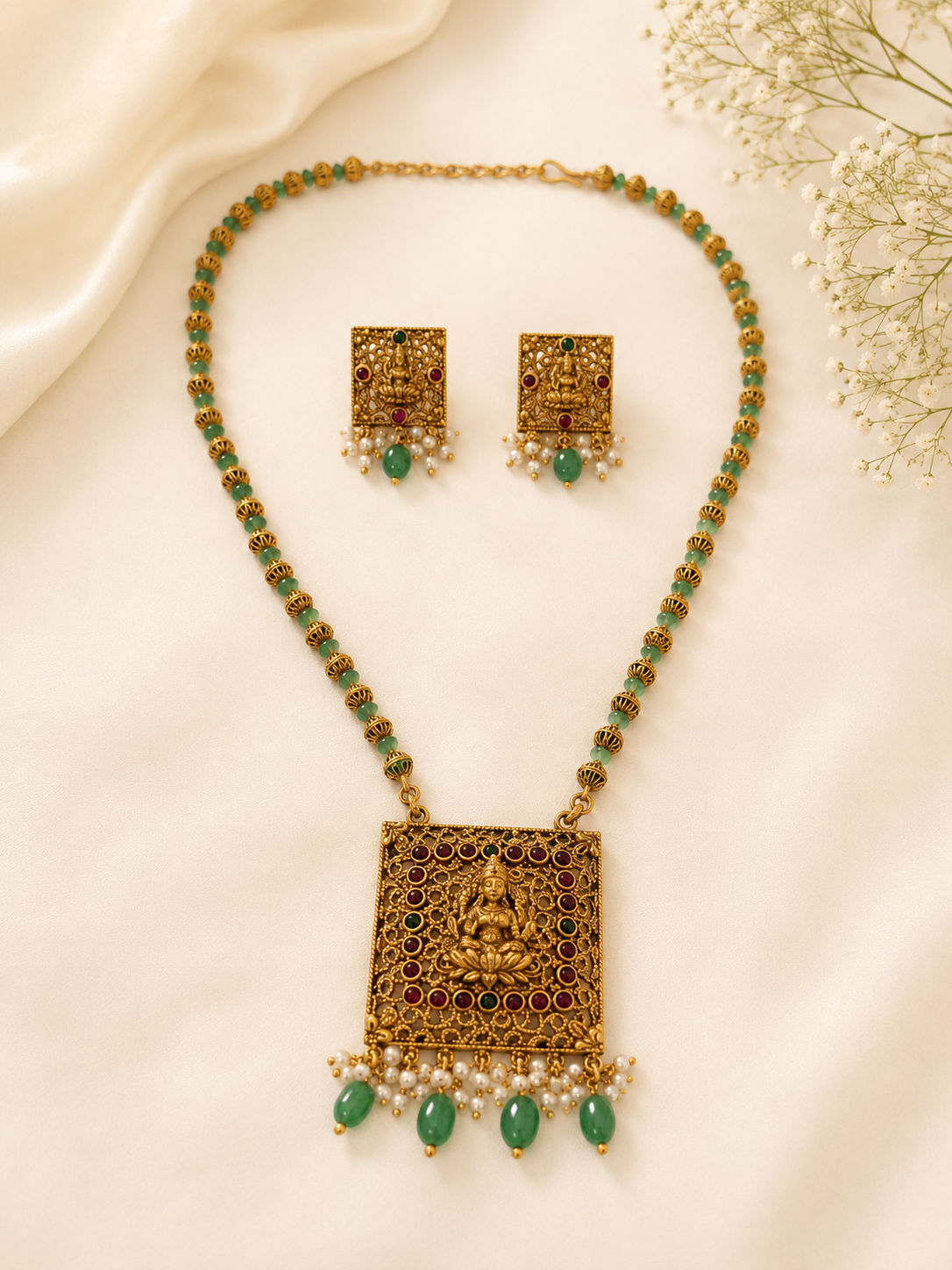 ETHNIC ANTIQUE GOLD NECKLACE SET WITH EARRINGS-TEMPLE  DESIGN JEWELRY