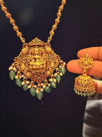 Antique Gold Lakshmi Temple Jewelry Set with Pink Stones & Green Beads