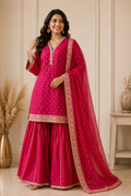 Rani Pink Embroidered Sharara Suit Set for Women with Dupatta