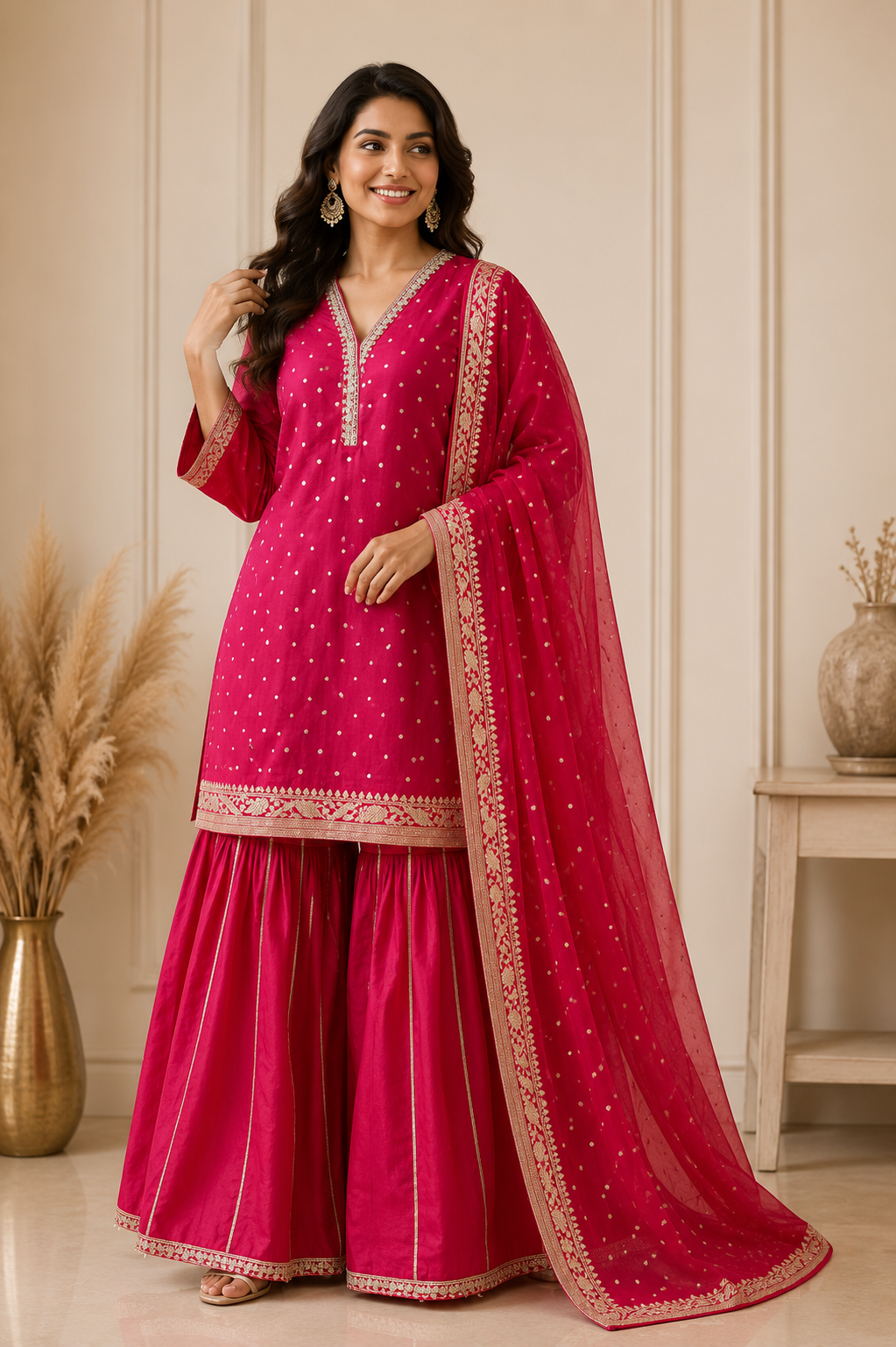 Rani Pink Embroidered Sharara Suit Set for Women with Dupatta
