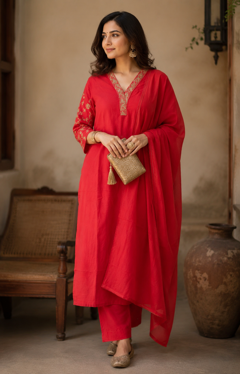 CLASSIC RED STRAIGHT KURTA SET