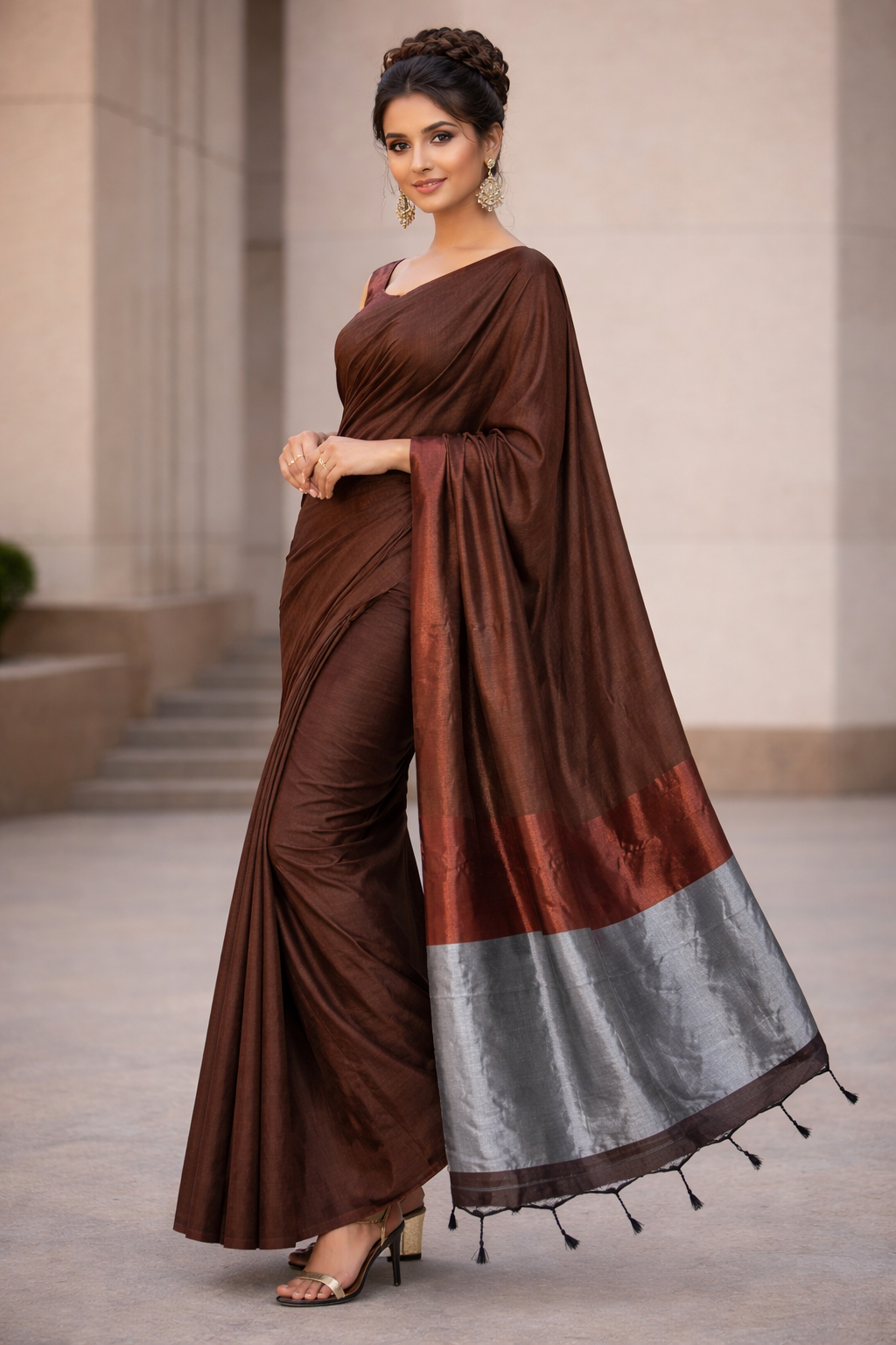 NAYANTHARA INSPIRED COTTON  SAREE WITH COPPER AND SILVER BORDER
