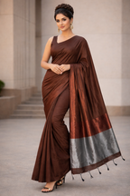 NAYANTHARA INSPIRED COTTON  SAREE WITH COPPER AND SILVER BORDER