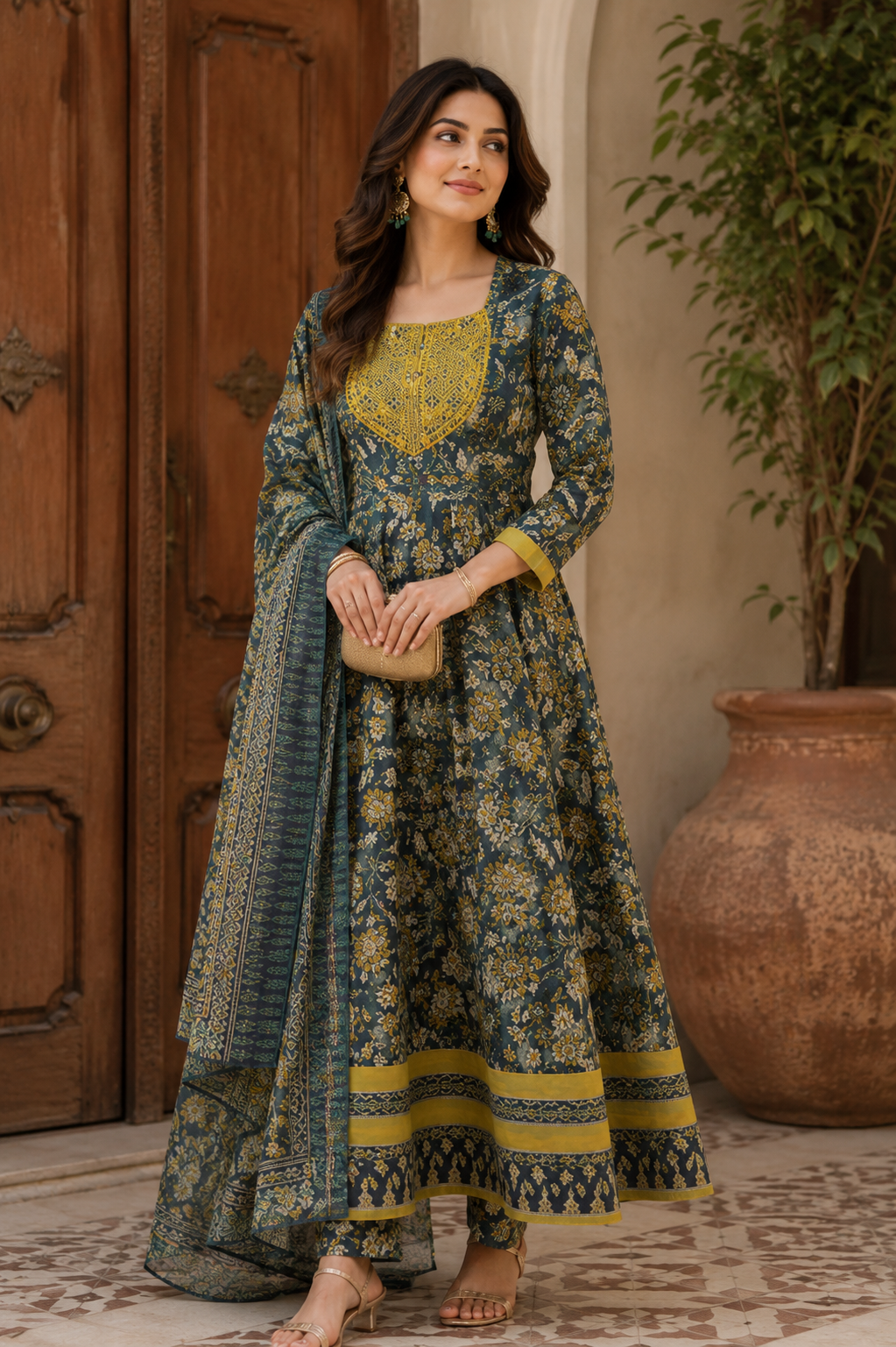 FLARED ANARKALI SET FLORA GREEN