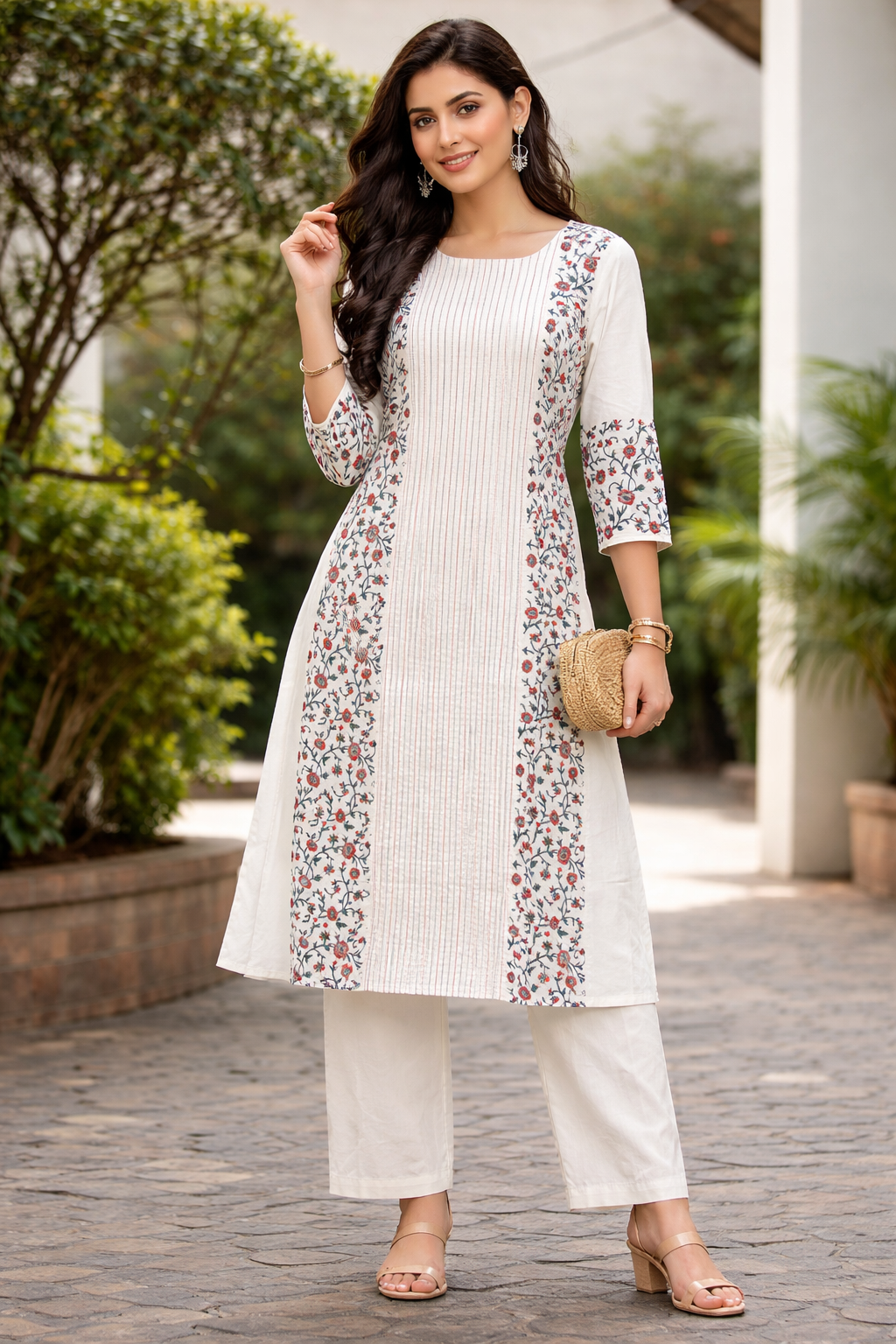 Elegant Off-White Cotton Kurta with Floral designs & Pintuck Panel