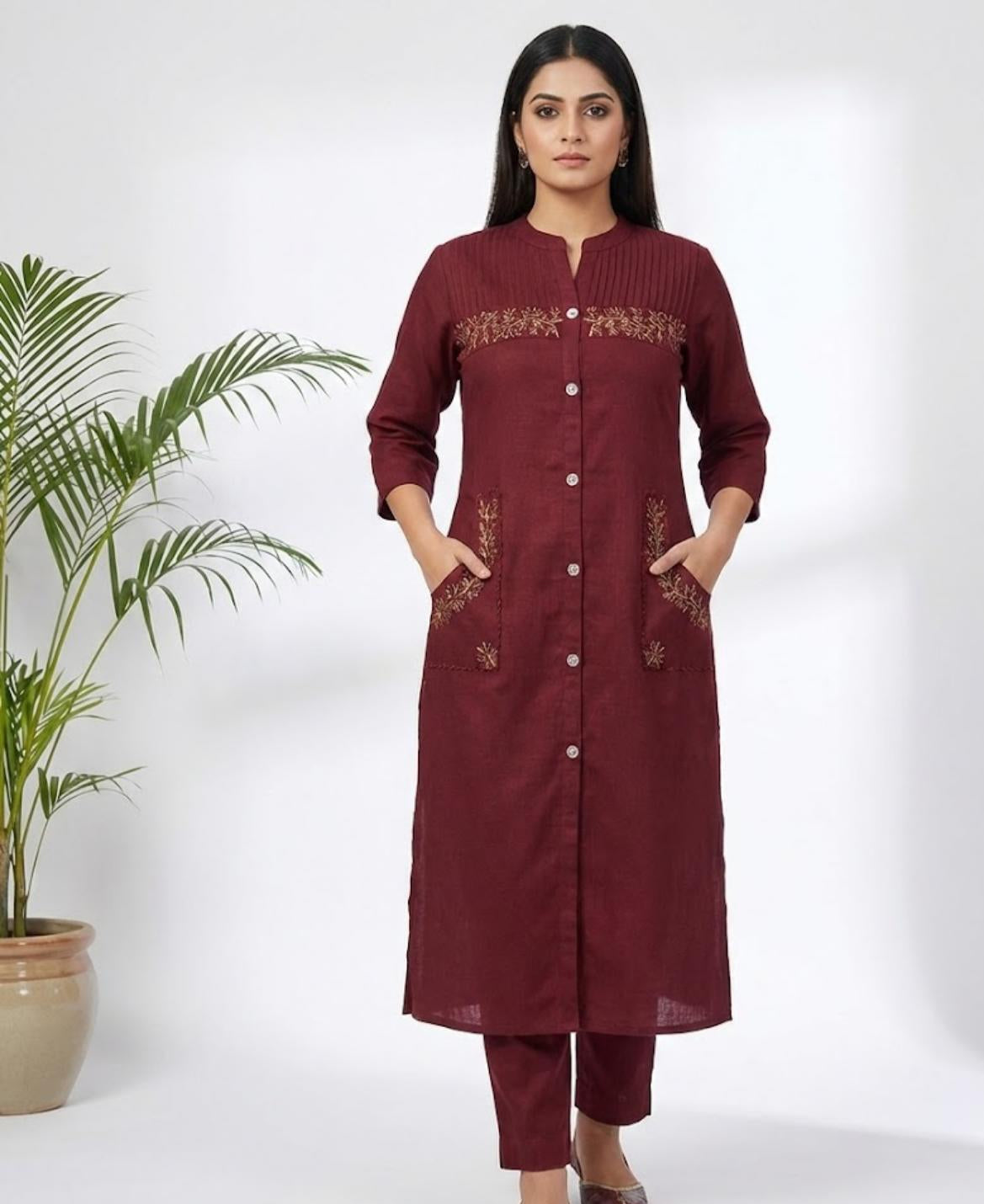 MAROON BUTTON DOWN CORD SET WITH EMBRIODERY