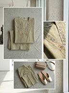 Elegant Beige Embroidered Kurta Set with Palazzo Pants for Women