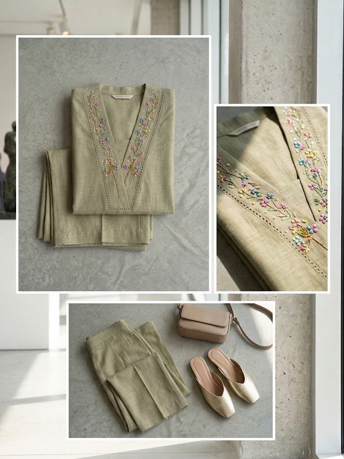 Elegant Beige Embroidered Kurta Set with Palazzo Pants for Women