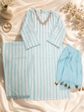 Sky Blue Striped Embroidered Kurta Set with Matching Pants & Tassel Dupatta for Women