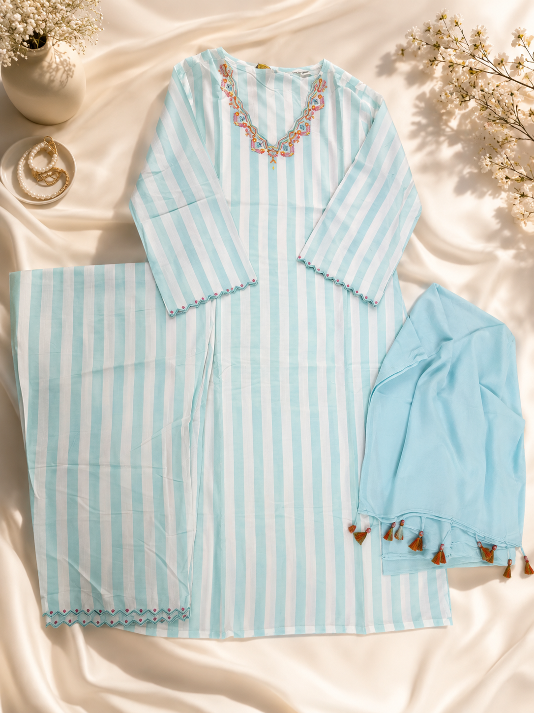 Sky Blue Striped Embroidered Kurta Set with Matching Pants & Tassel Dupatta for Women