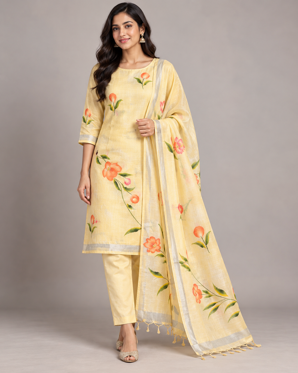 Yellow Hand Block Printed Linen Cotton Unstitched Suit Set with Floral Dupatta