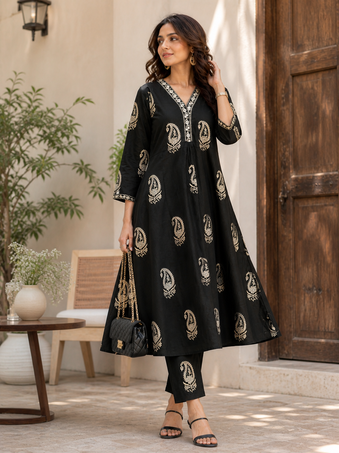Black Cotton A-Line Kurta Pant Set for Women