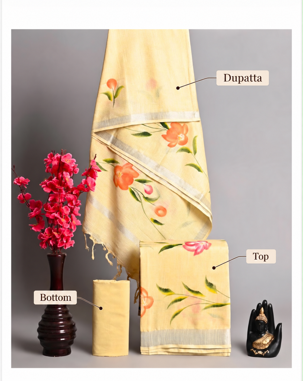 Yellow Hand Block Printed Linen Cotton Unstitched Suit Set with Floral Dupatta