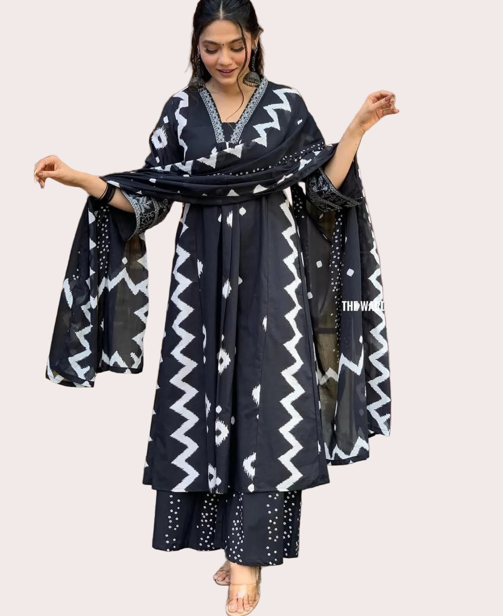 BLACK & WHITE PRINTED A-LINE KURTA SET