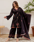 ELEGANT BLACK EMBROIDERED COTTON SUIT