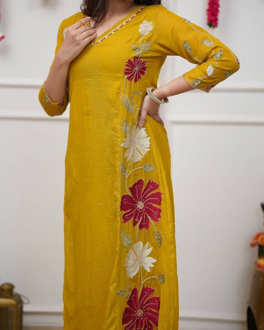 MUSTARD YELLOW FLORAL EMBROIDERED KURTA SET