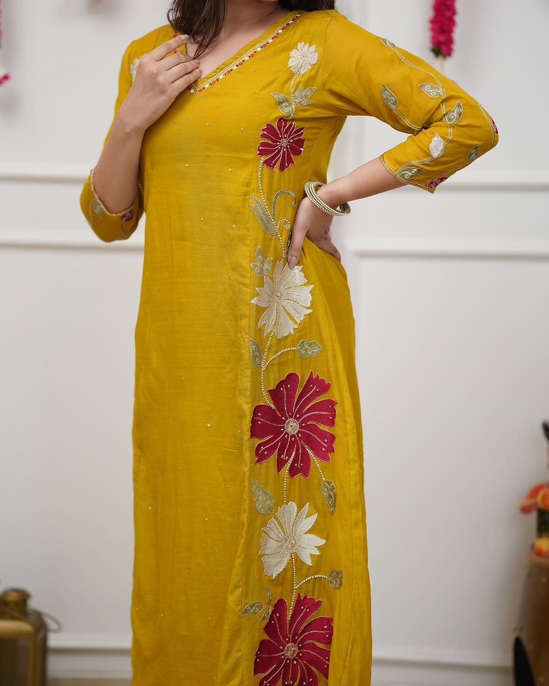 MUSTARD YELLOW FLORAL EMBROIDERED KURTA SET