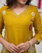 MUSTARD YELLOW FLORAL EMBROIDERED KURTA SET