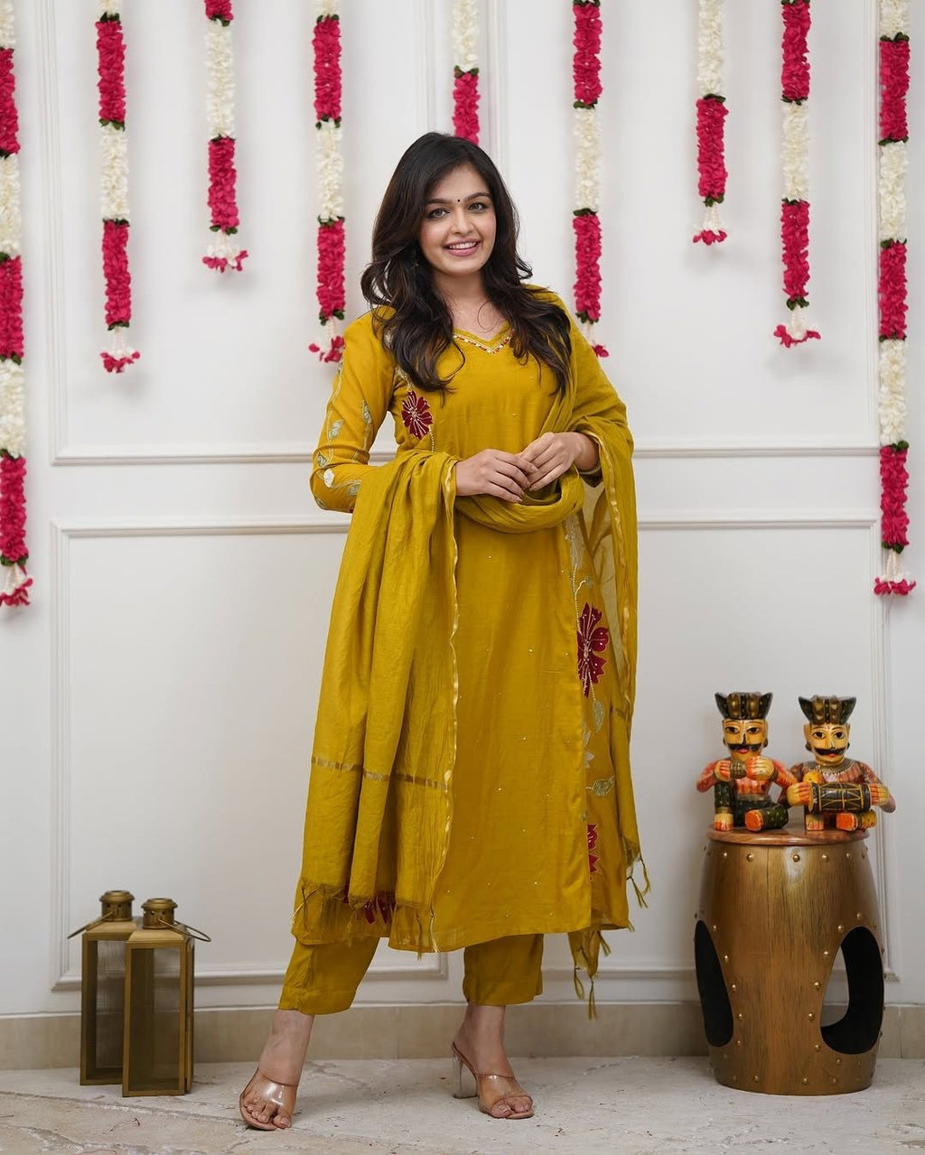 MUSTARD YELLOW FLORAL EMBROIDERED KURTA SET