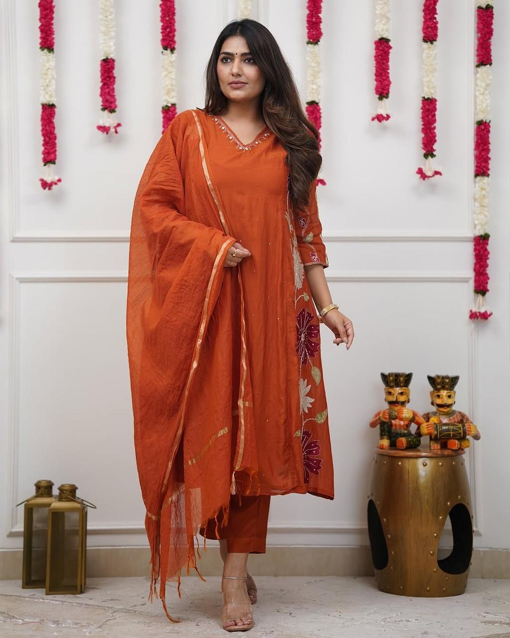 RUST ORANGE FLORAL EMBROIDERED KURTA SET
