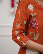 RUST ORANGE FLORAL EMBROIDERED KURTA SET