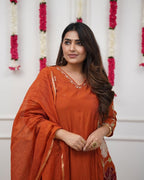 RUST ORANGE FLORAL EMBROIDERED KURTA SET
