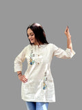 BREATHABLE IVORY COTTON SHORT KURTA WITH FORAL EMBROIDERY